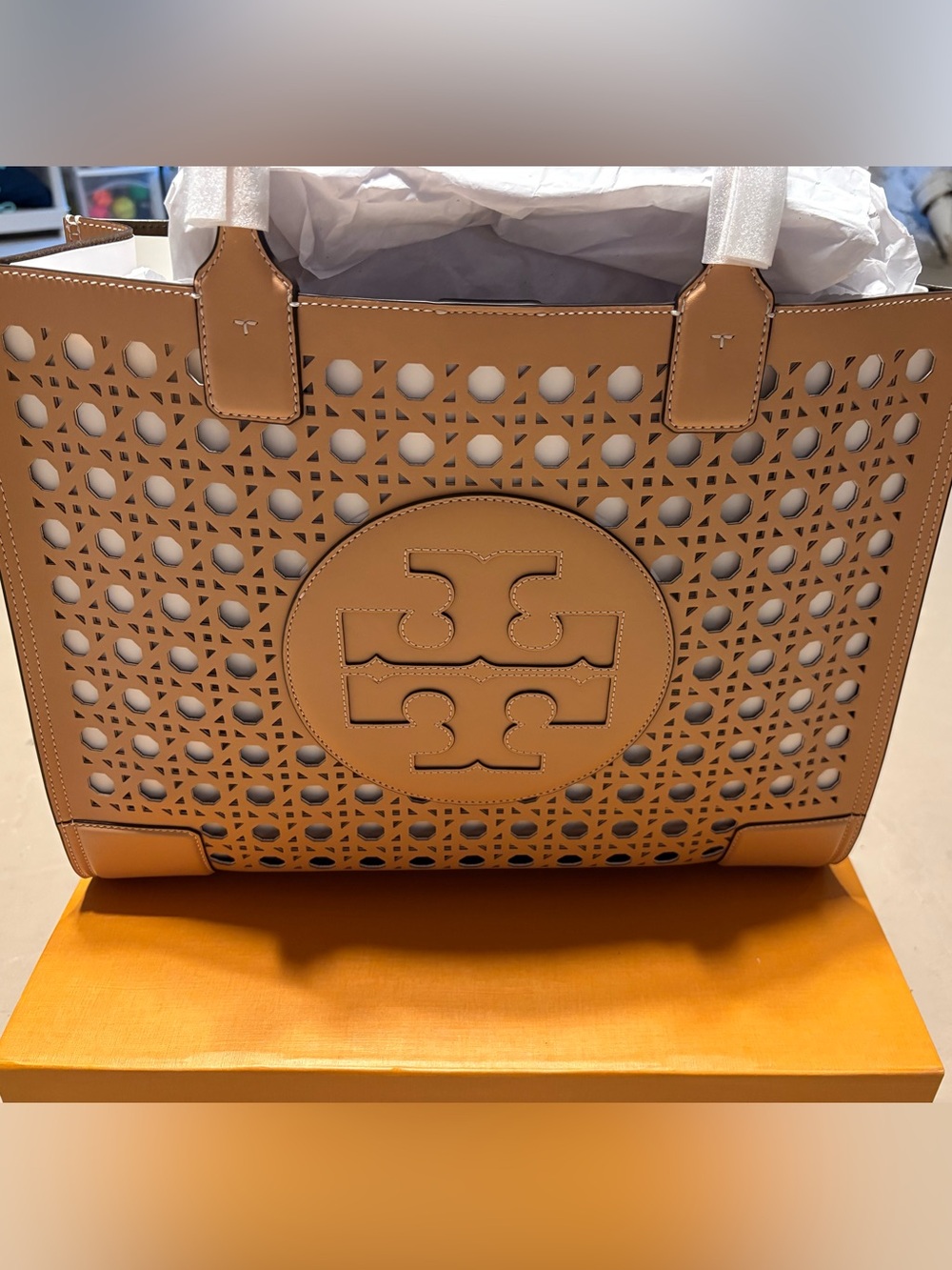 Tory Burch Perforated Logo Leather Tote in Tan